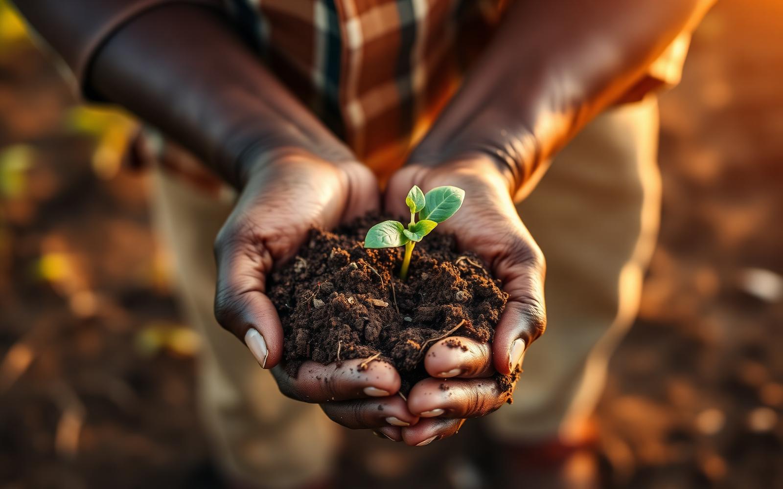 A Tanzanian farmer holds soil and a seedling