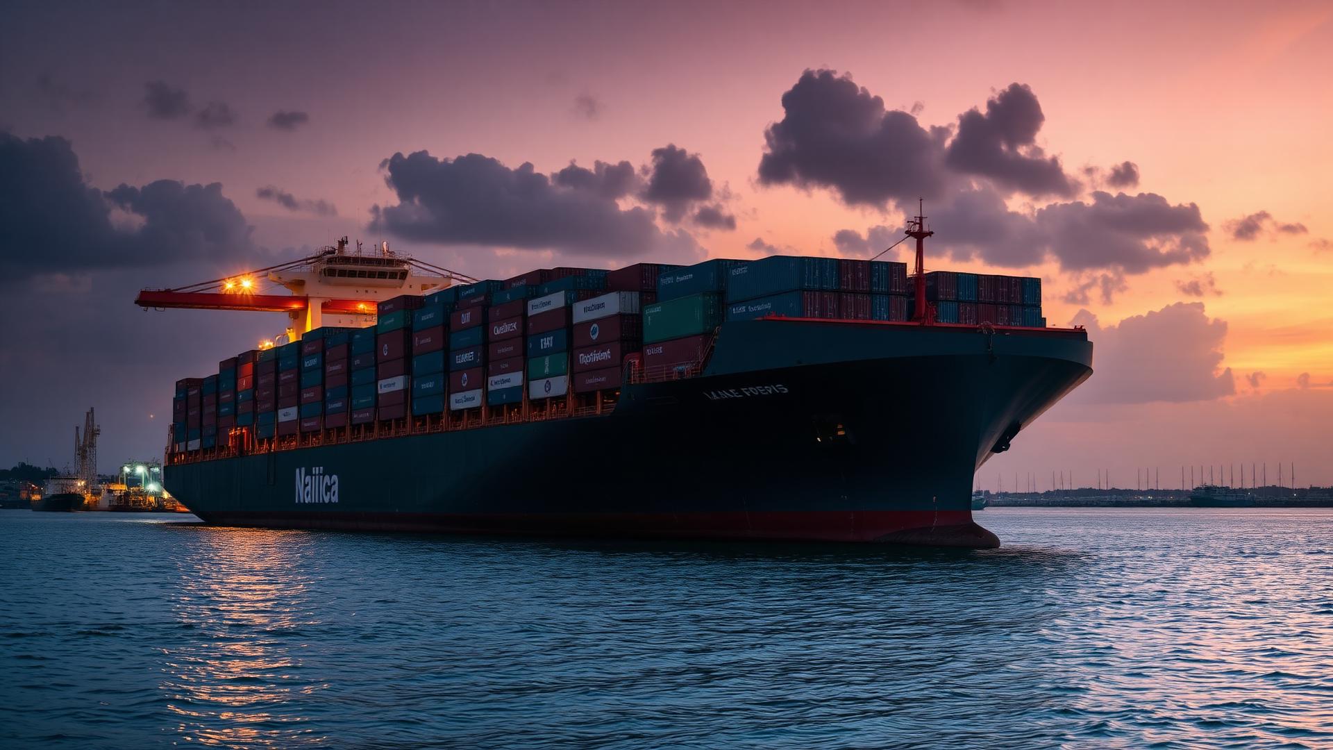 Cargo ship departing Dar es Salaam port at dusk